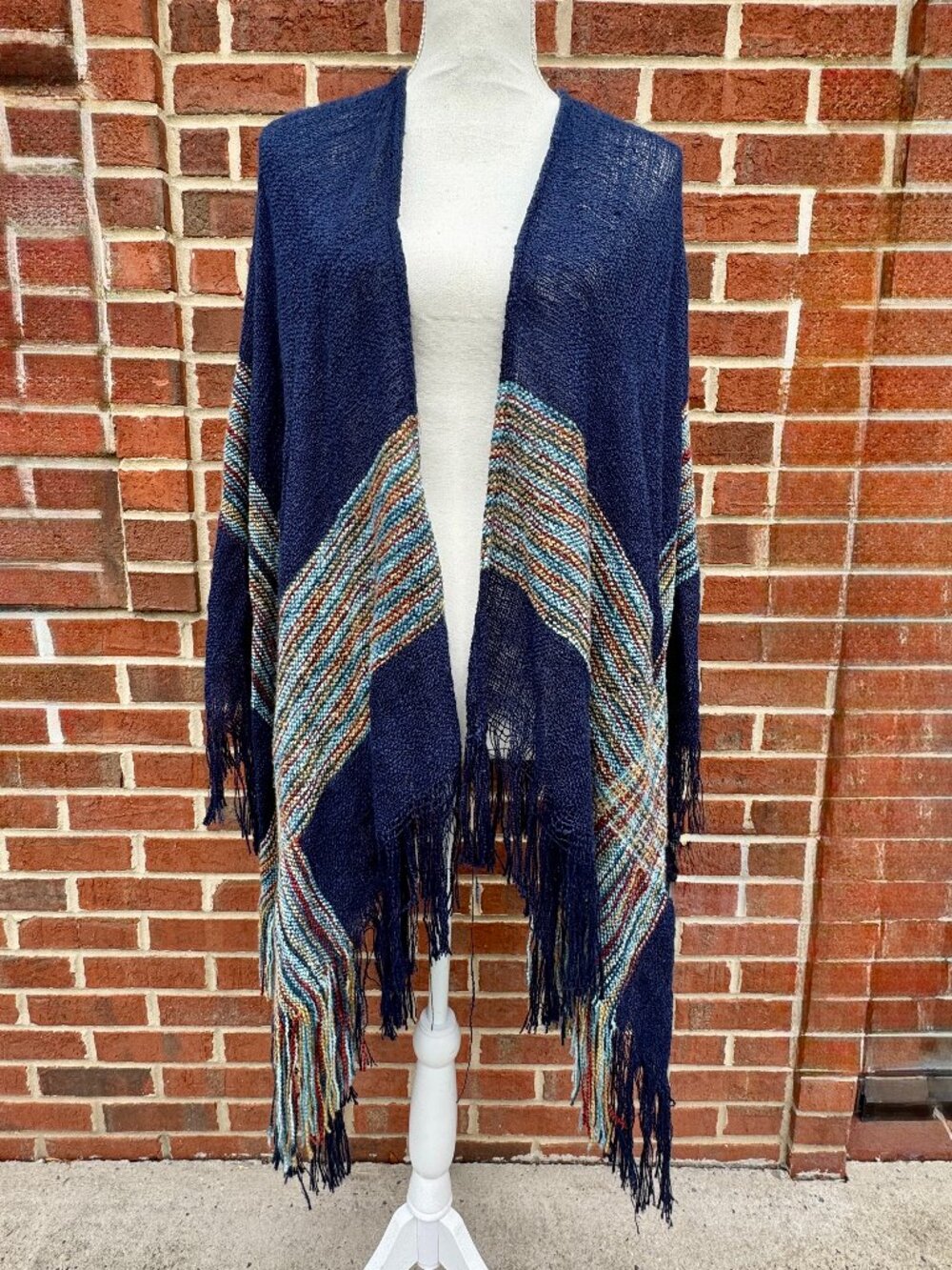 Woven Hearts Fringed Cardigan Cape M/L Navy Print Open Front Western Boho Chic
